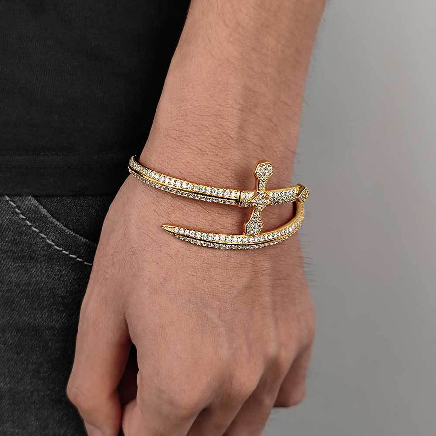 5A Zircon Justice Sword Cuff Bracelet - Miami 18K Gold Plated, Iced Out Hip Hop Style. Full Cubic Zirconia for Men and Women.