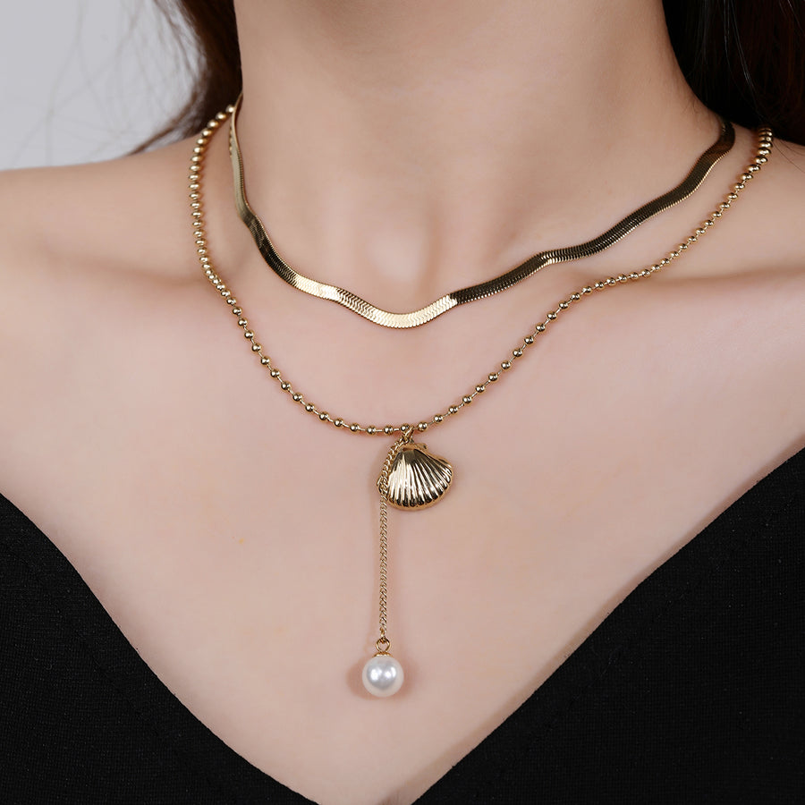 316L stainless steel, simple and stylish, two for layered shell pearl sweater chain snake bone necklace