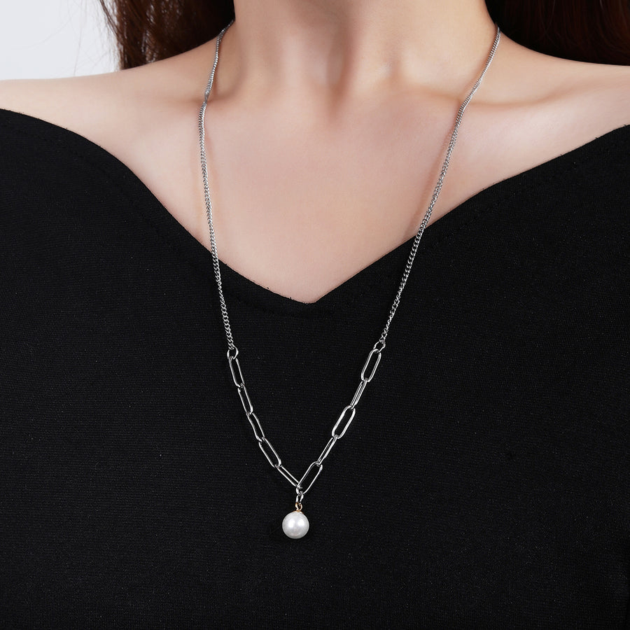 316L stainless steel simple and fashionable suitable for layering pearl sweater chain necklace