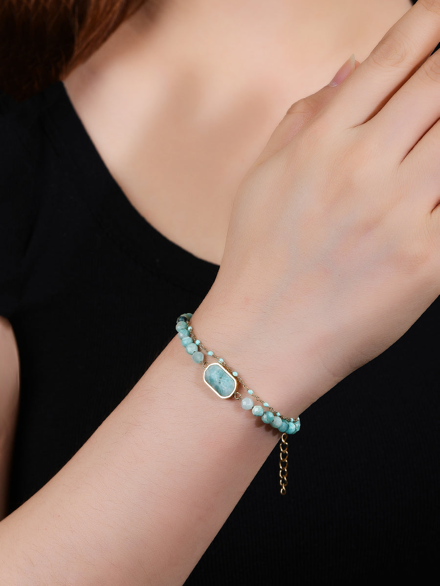 Natural Amazonite Stainless Steel Fashion 18k Gold Plated Drip Stacked Bracelet with Cut Corners