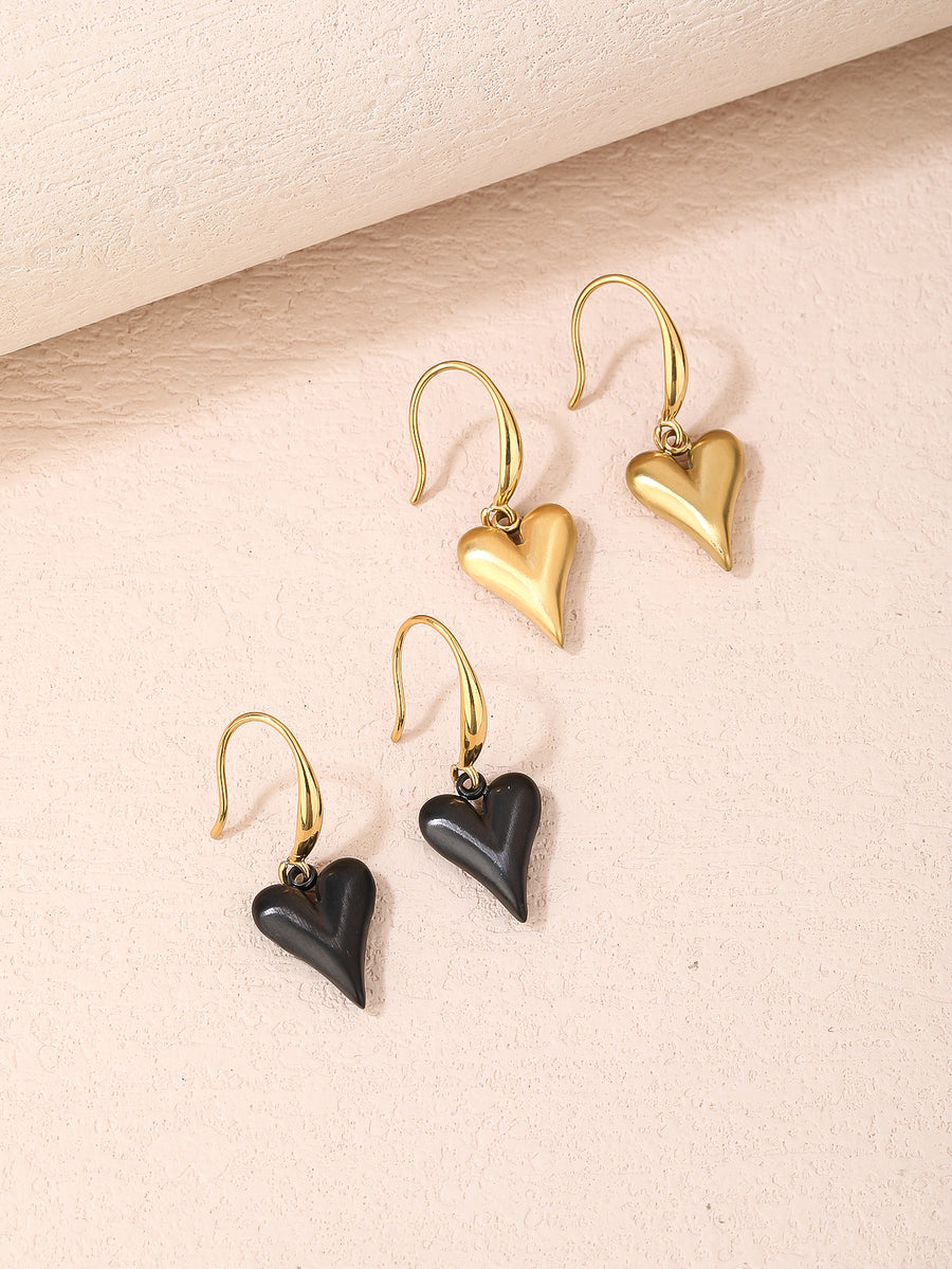 316L Stainless Steel 18K Gold Baked Porcelain Black Heart Dangle Earrings