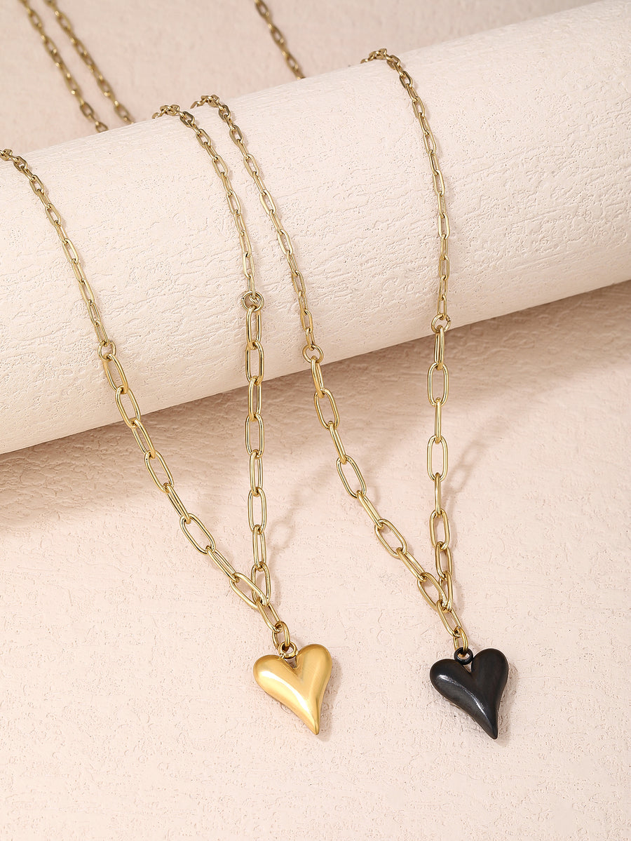 316L Stainless Steel, Simple and Stylish, 18k Gold Heart Baked Porcelain Black Heart Necklace