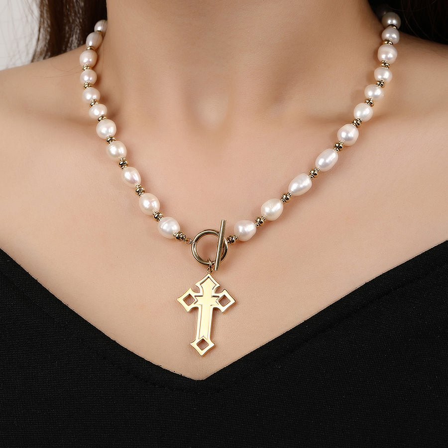 Natural Pearl Cross Necklace - Stainless Steel Cross Pendant 18K Gold-Plating, OT Clasp, Gothic Design,for Women and Girls