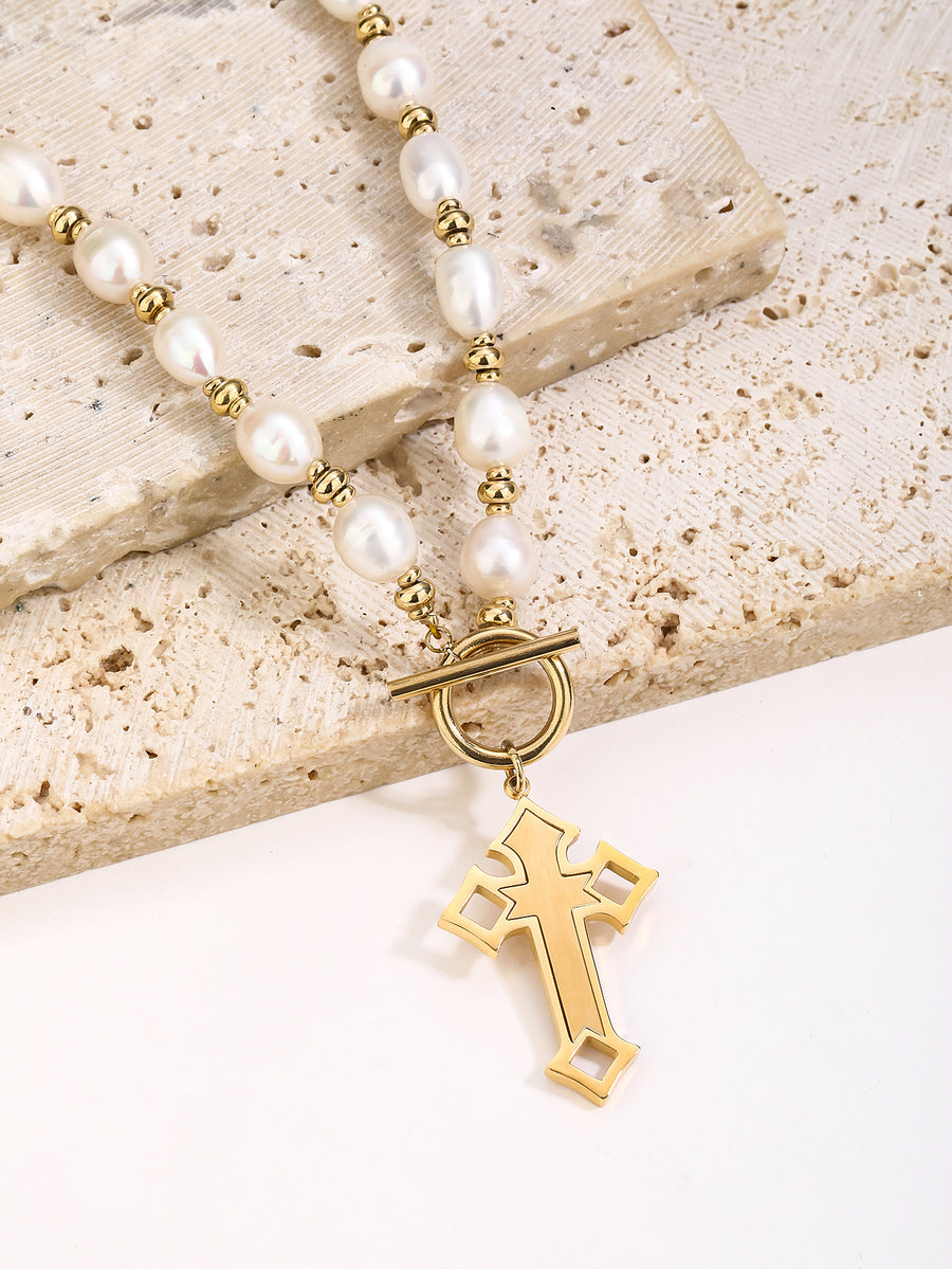 Natural Pearl Cross Necklace - Stainless Steel Cross Pendant 18K Gold-Plating, OT Clasp, Gothic Design,for Women and Girls