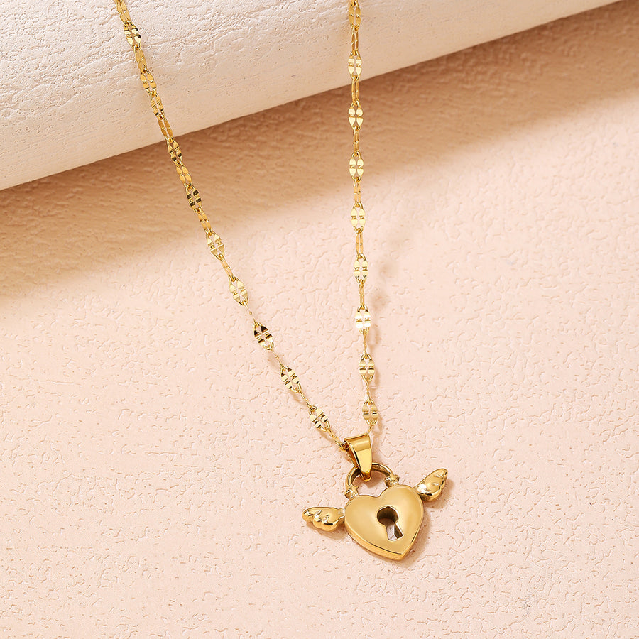 Stainless Steel Pendant Necklace for Women - Fashionable, Versatile, and Cute Heart Wing Lock Design with 18K Gold Plating - Perfect for Everyday Style!