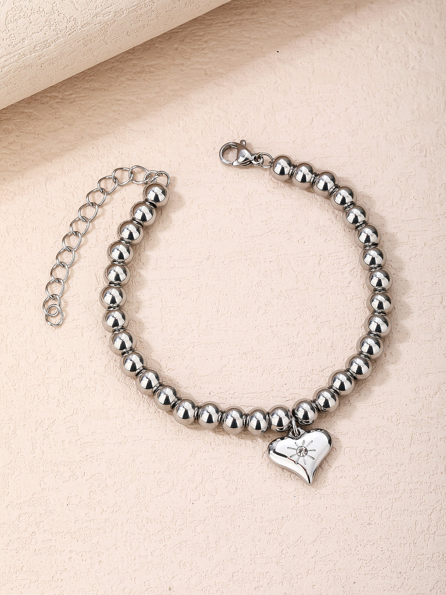 316L Stainless Steel Beaded Heart Pendant Ladies Bracelet